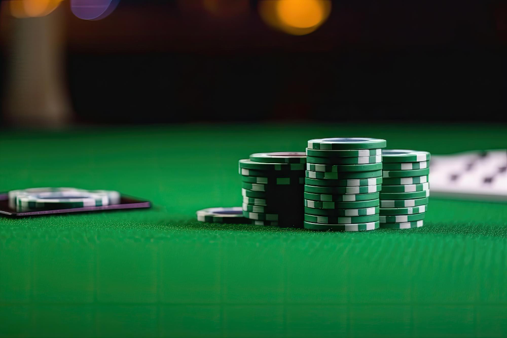 Casino chips on green table surface